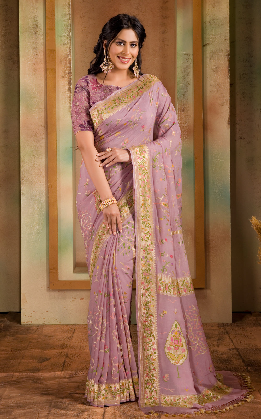 Pastel Pink Banarasi Crepe With Kadhua Weaves