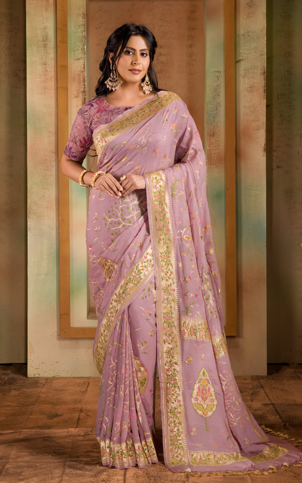 Pastel Pink Banarasi Crepe With Kadhua Weaves
