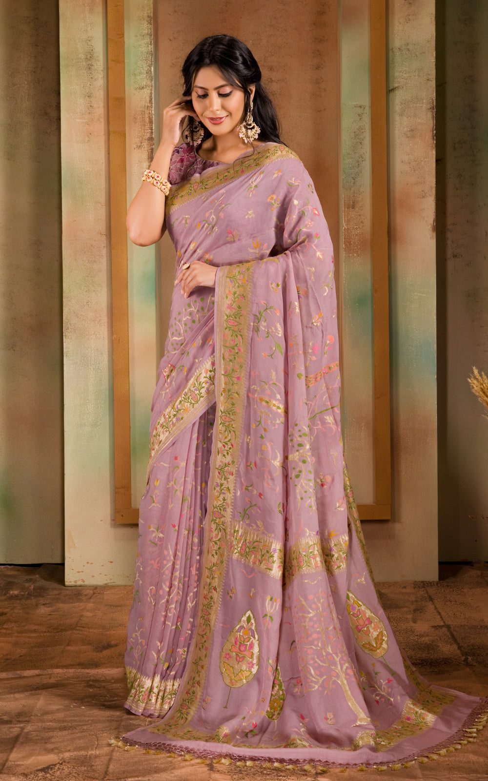 Pastel Pink Banarasi Crepe With Kadhua Weaves