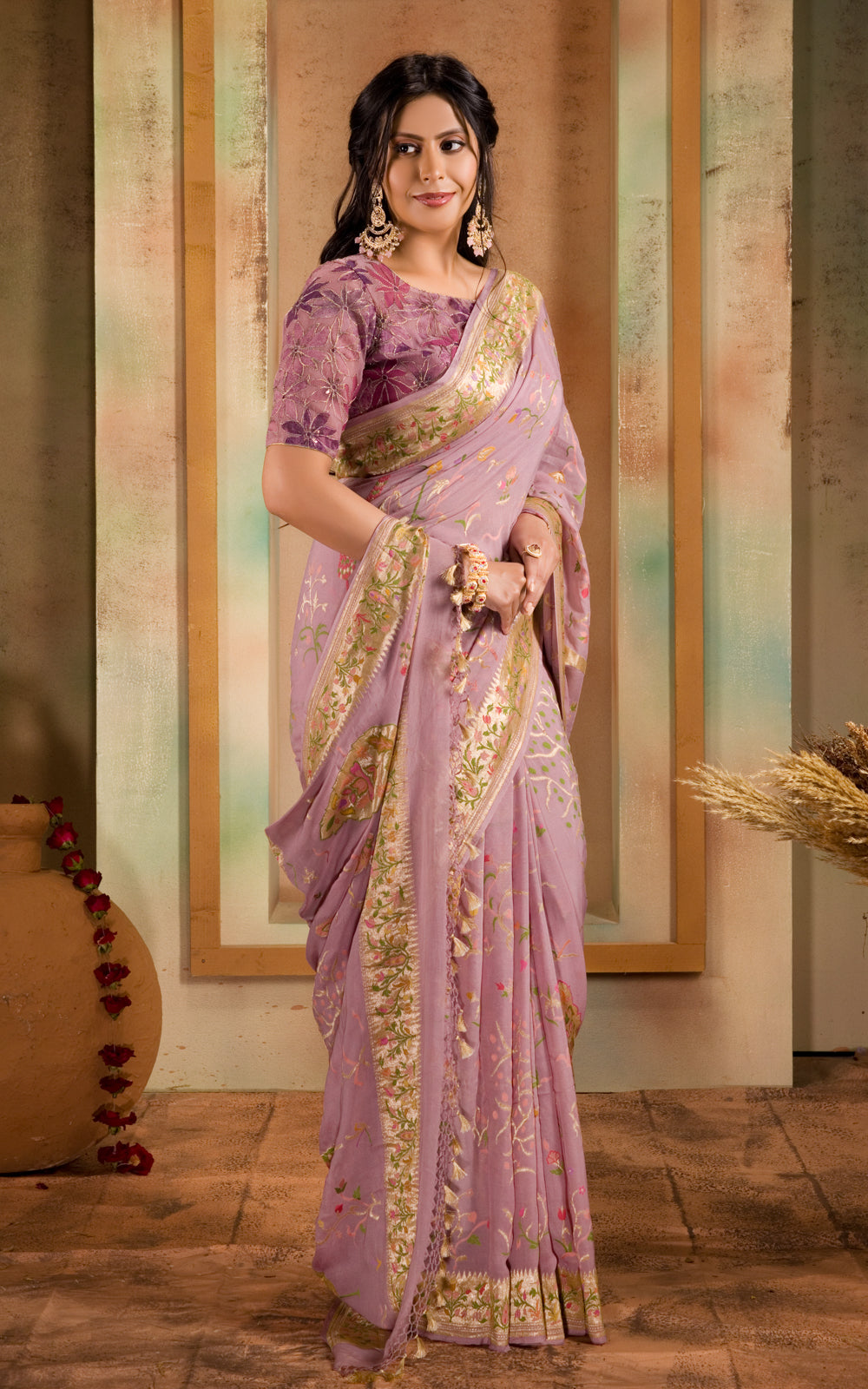 Pastel Pink Banarasi Crepe With Kadhua Weaves