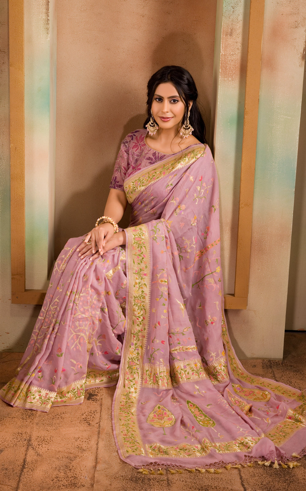 Pastel Pink Banarasi Crepe With Kadhua Weaves