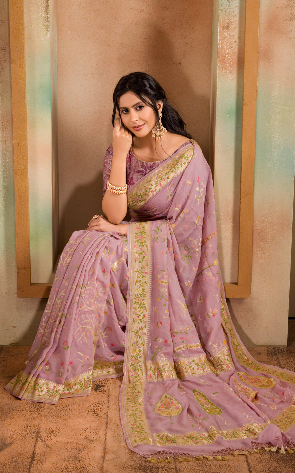 Pastel Pink Banarasi Crepe With Kadhua Weaves