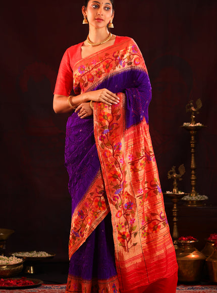 Violet & Red Pure Paithani Silk Saree With Bandhej
