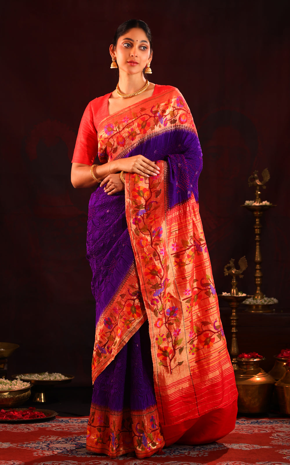 Violet & Red Pure Paithani Silk Saree With Bandhej