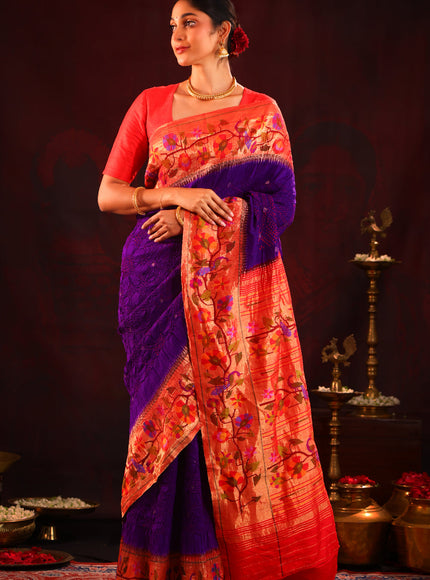 Violet & Red Pure Paithani Silk Saree With Bandhej