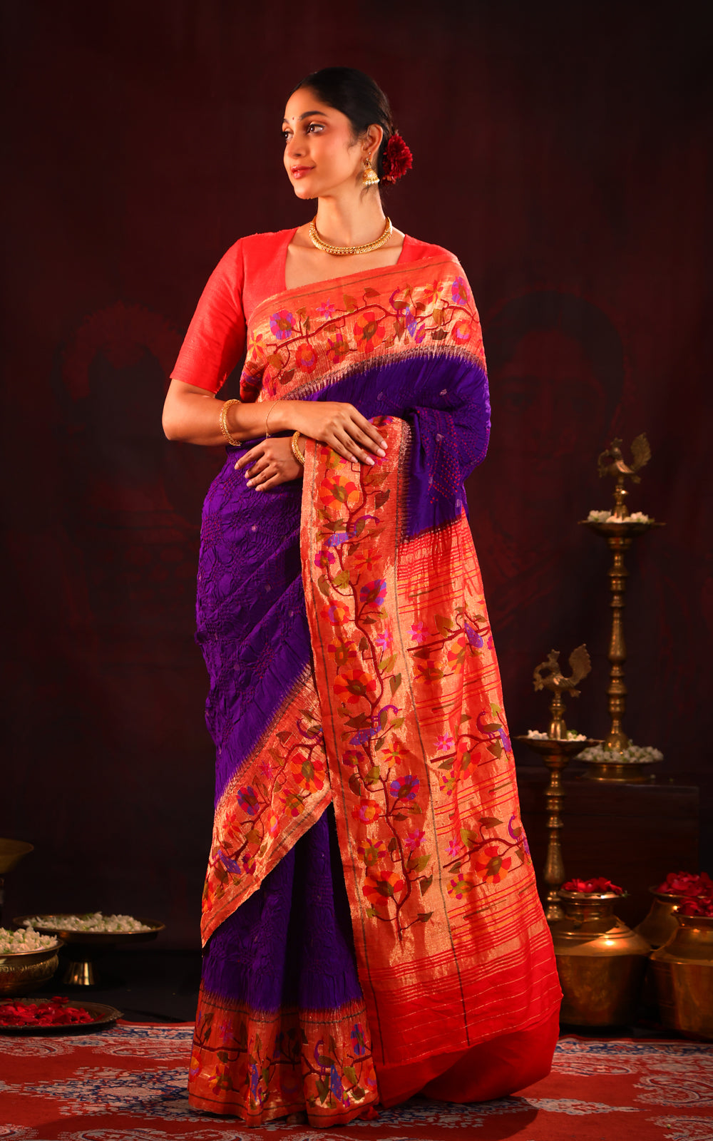 Violet & Red Pure Paithani Silk Saree With Bandhej