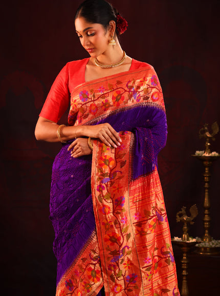 Violet & Red Pure Paithani Silk Saree With Bandhej