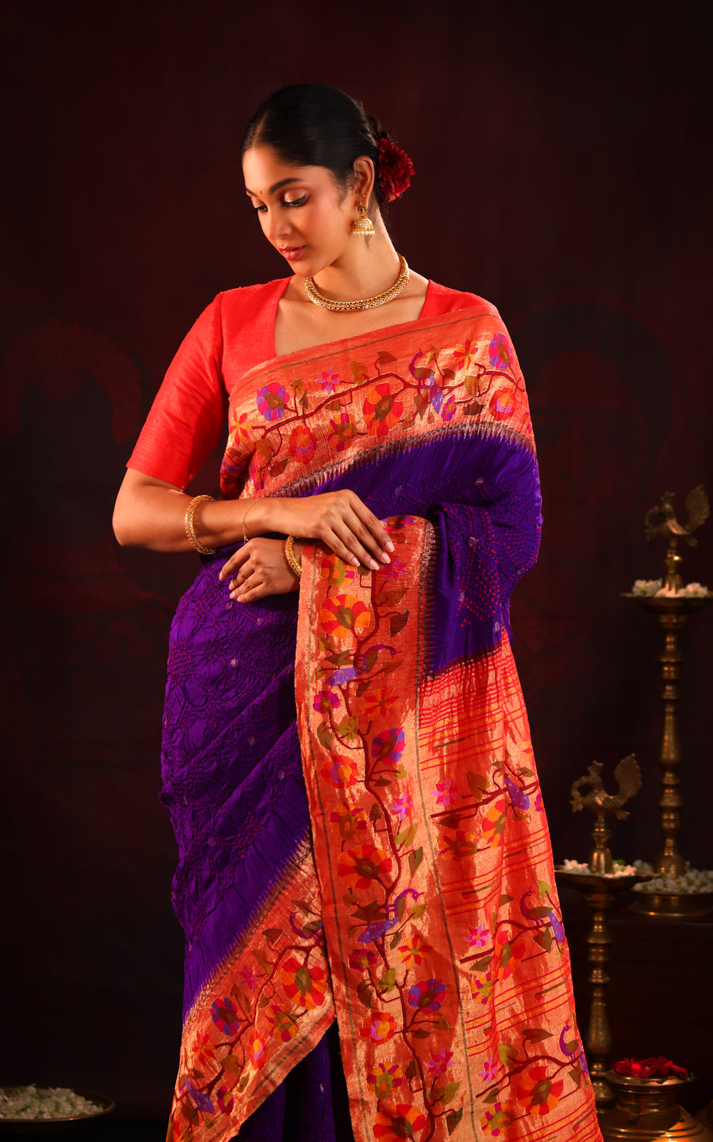 Violet & Red Pure Paithani Silk Saree With Bandhej
