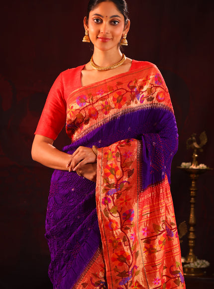 Violet & Red Pure Paithani Silk Saree With Bandhej