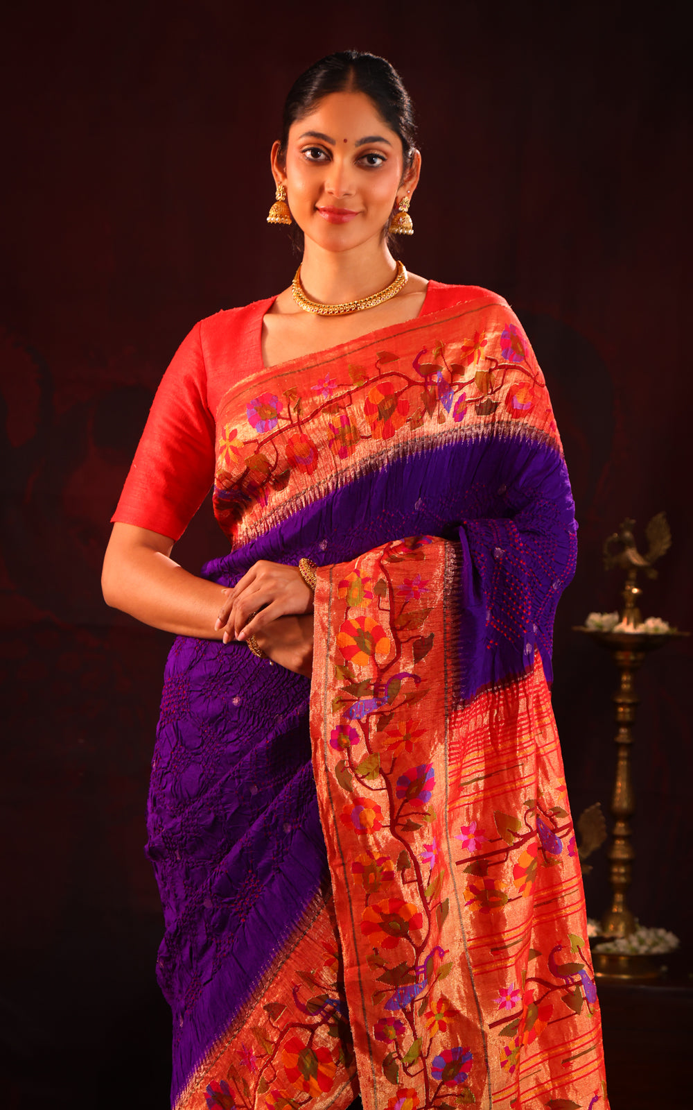 Violet & Red Pure Paithani Silk Saree With Bandhej