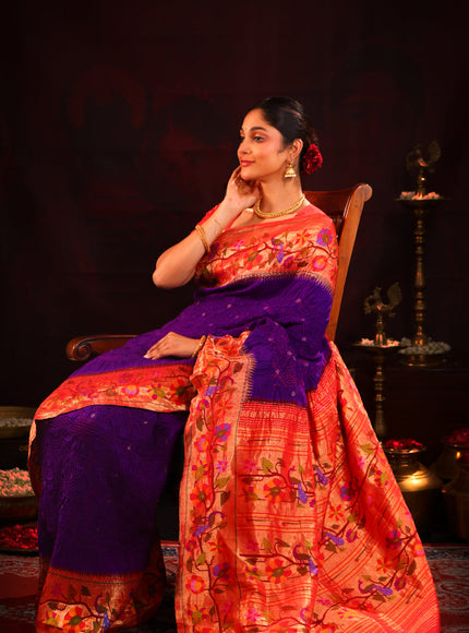 Violet & Red Pure Paithani Silk Saree With Bandhej