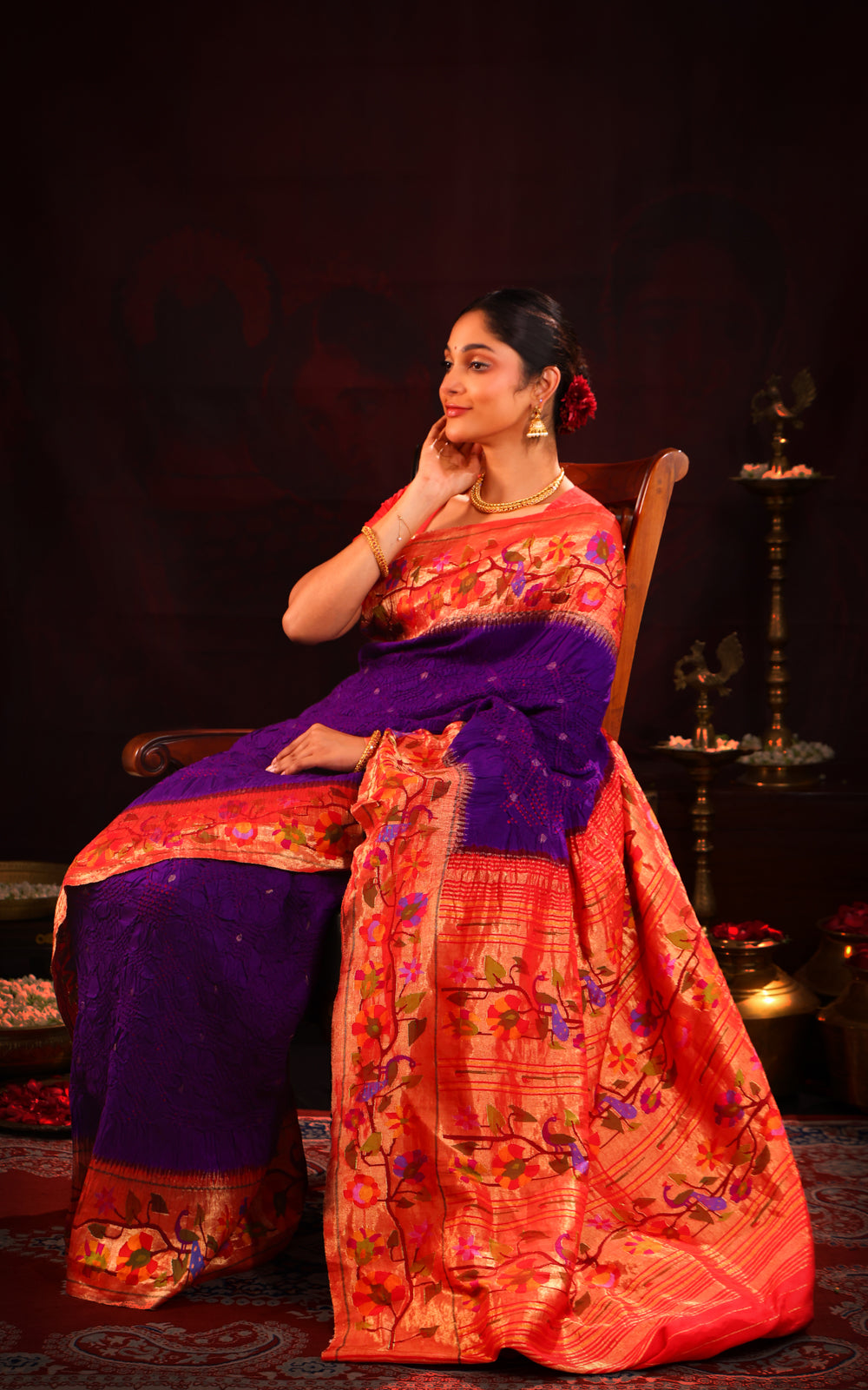 Violet & Red Pure Paithani Silk Saree With Bandhej