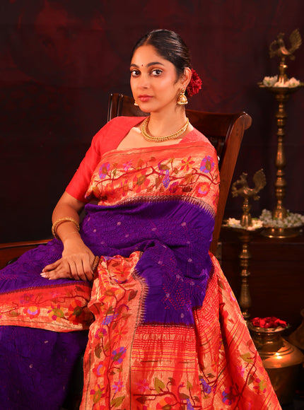 Violet & Red Pure Paithani Silk Saree With Bandhej