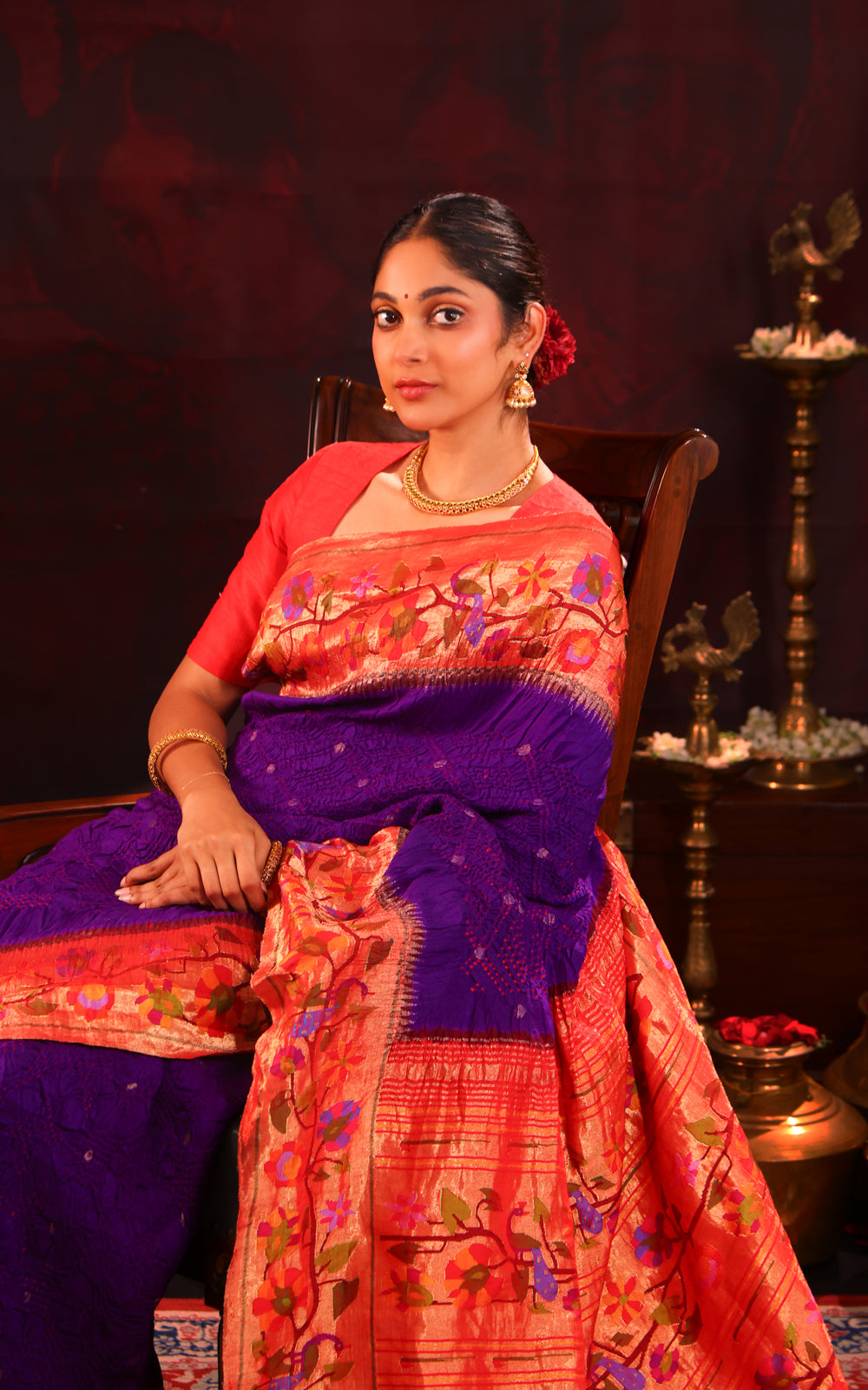 Violet & Red Pure Paithani Silk Saree With Bandhej