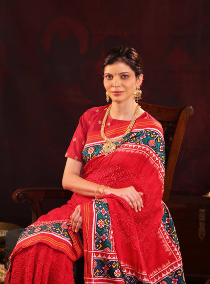 Red & Navy Blue Patan Patola Silk Saree With Bandhej