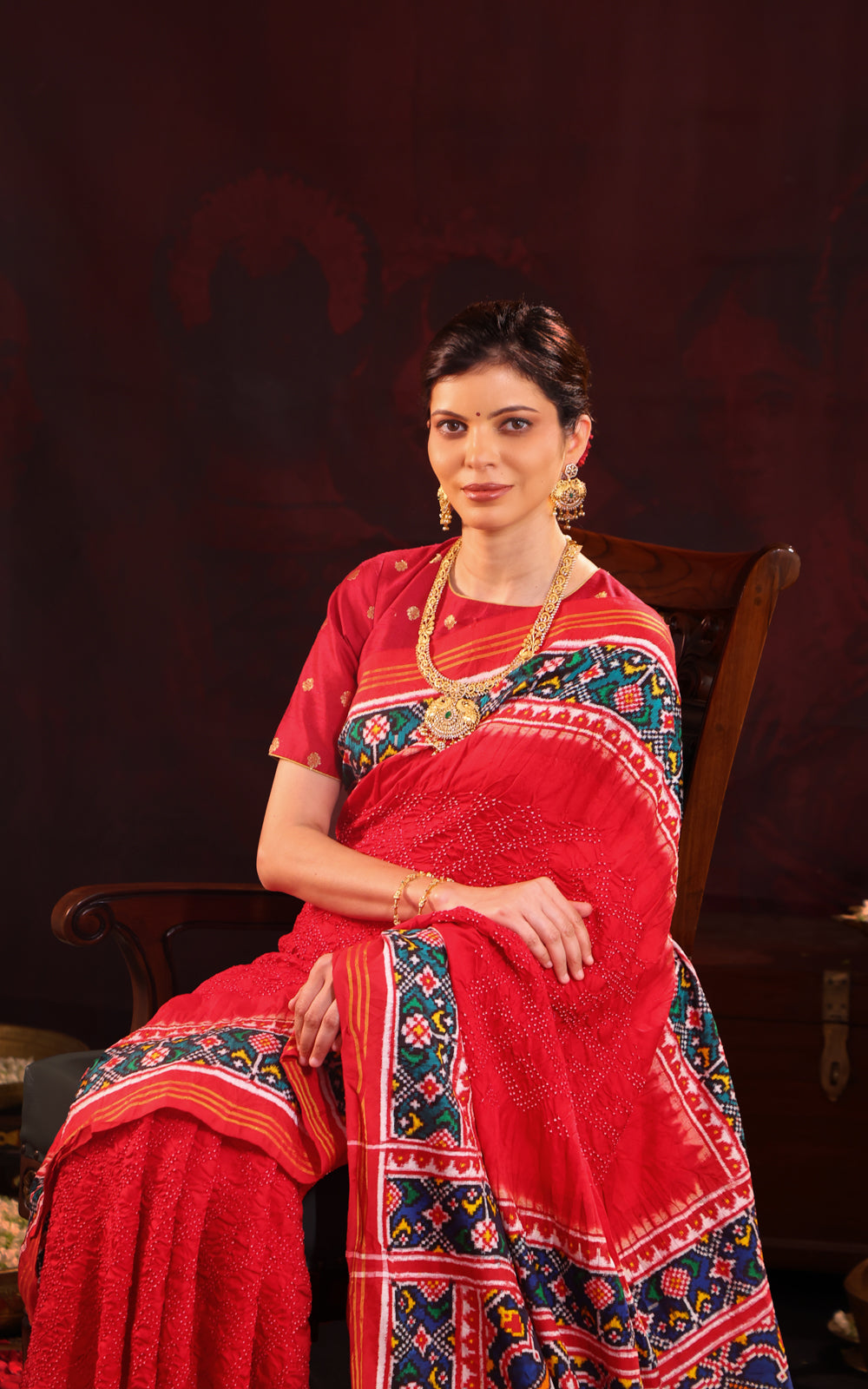 Red & Navy Blue Patan Patola Silk Saree With Bandhej
