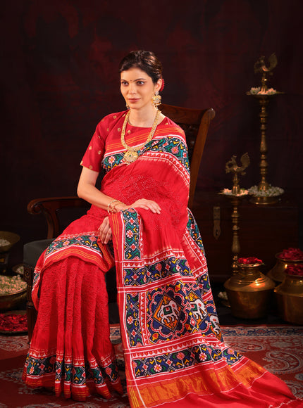 Red & Navy Blue Patan Patola Silk Saree With Bandhej