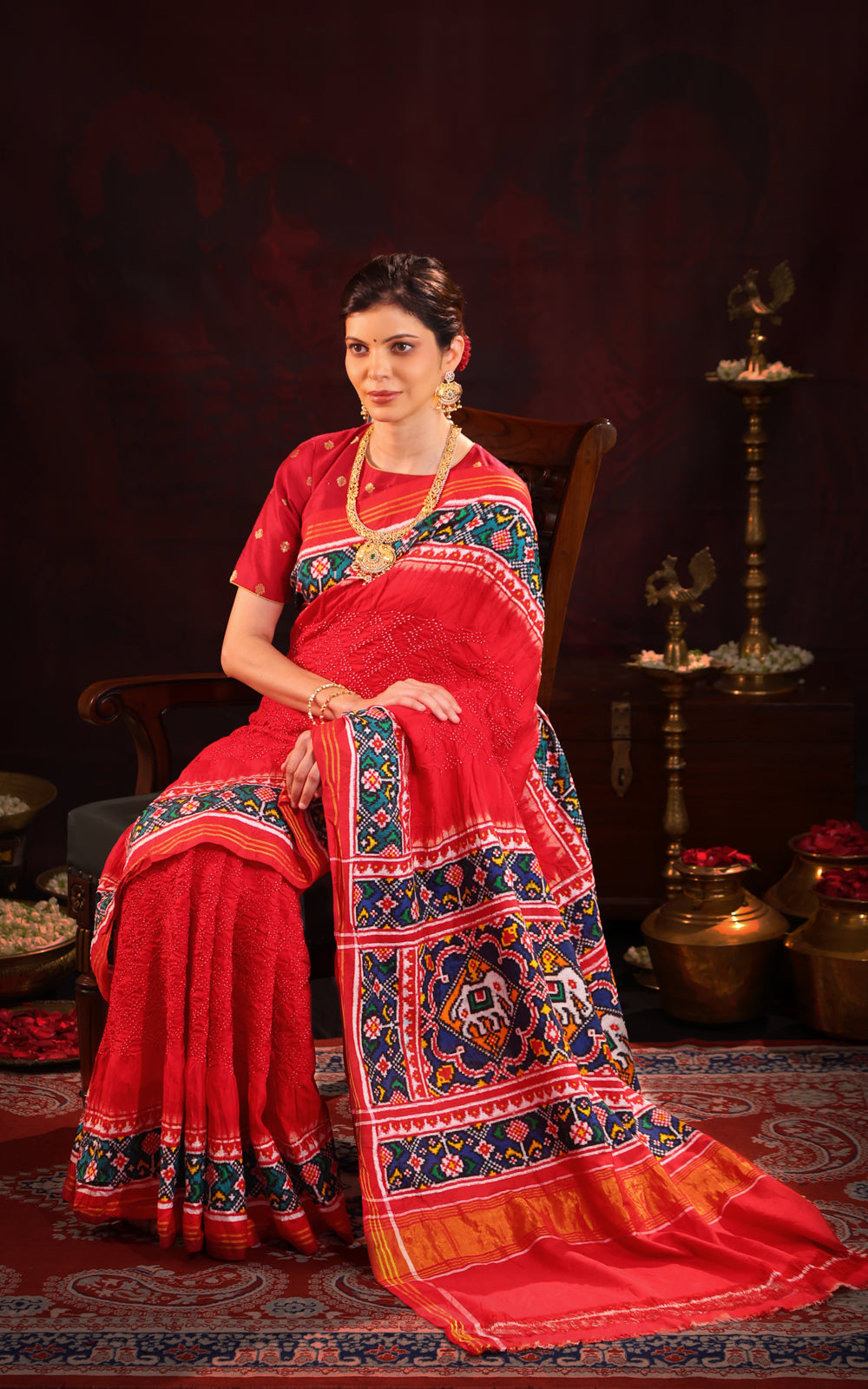 Red & Navy Blue Patan Patola Silk Saree With Bandhej