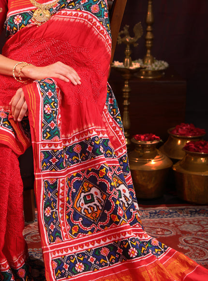 Red & Navy Blue Patan Patola Silk Saree With Bandhej