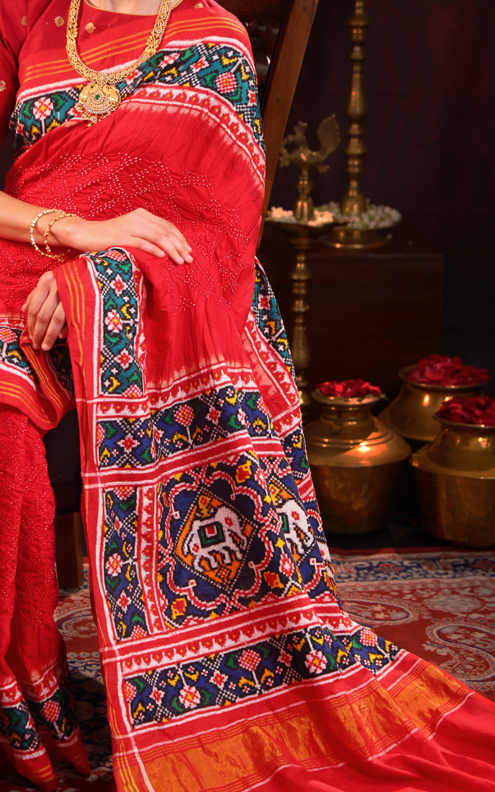 Red & Navy Blue Patan Patola Silk Saree With Bandhej