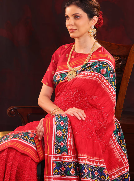 Red & Navy Blue Patan Patola Silk Saree With Bandhej