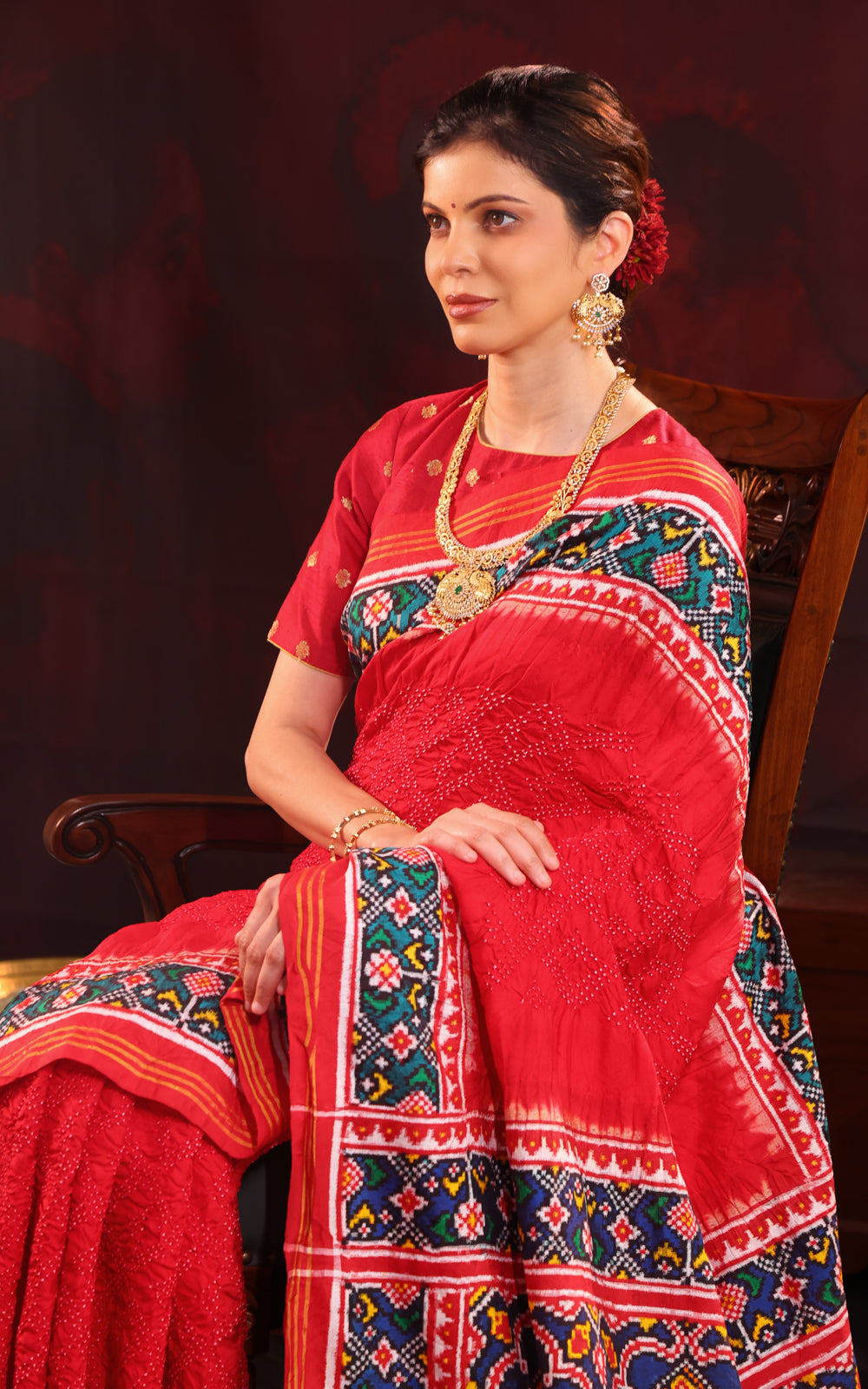 Red & Navy Blue Patan Patola Silk Saree With Bandhej