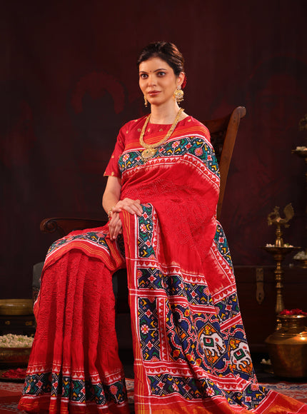 Red & Navy Blue Patan Patola Silk Saree With Bandhej