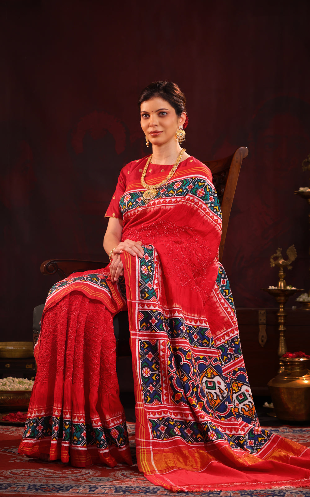 Red & Navy Blue Patan Patola Silk Saree With Bandhej