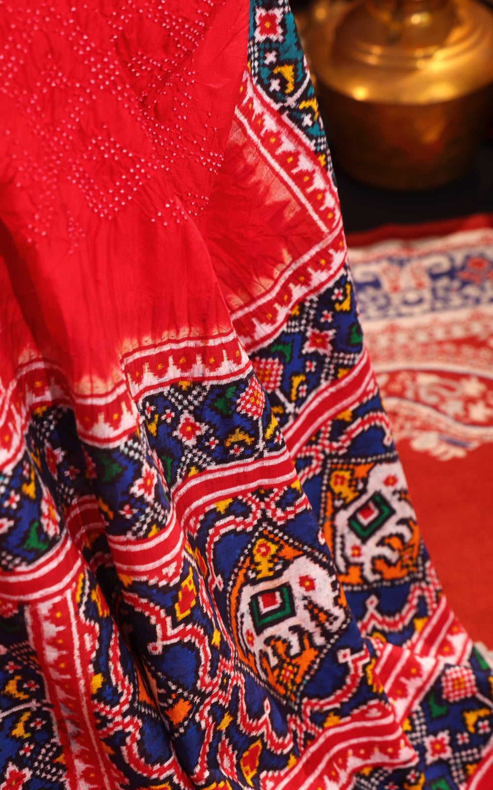 Red & Navy Blue Patan Patola Silk Saree With Bandhej