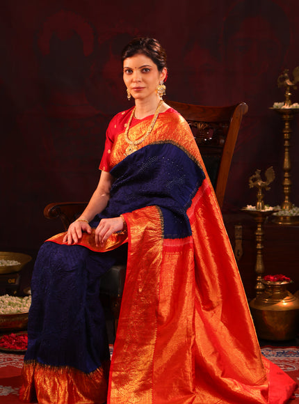 Navy Blue & Red Pure Kanchipuram Silk Saree With Bandhej