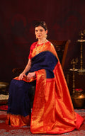 Navy Blue & Red Pure Kanchipuram Silk Saree With Bandhej