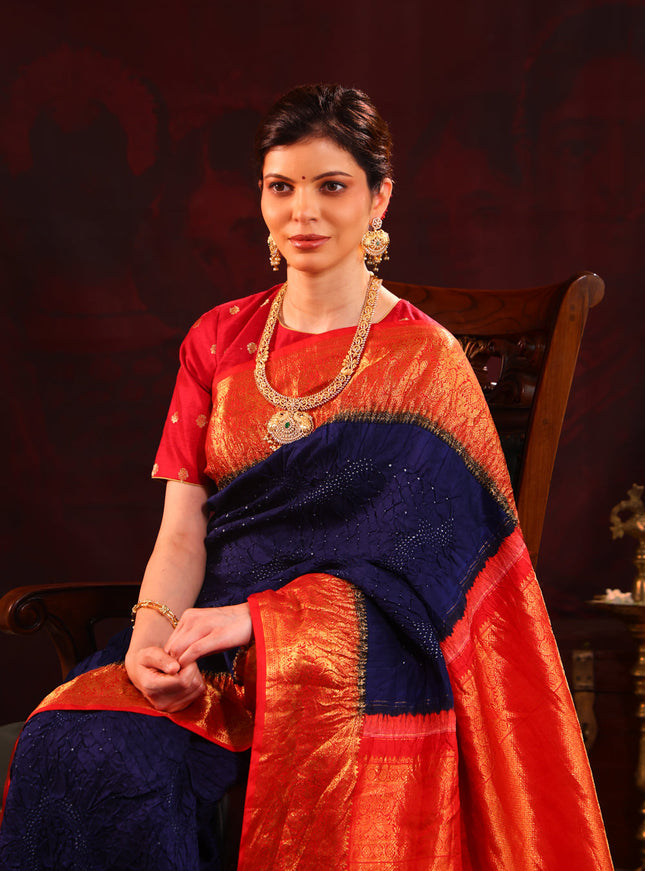 Navy Blue & Red Pure Kanchipuram Silk Saree With Bandhej