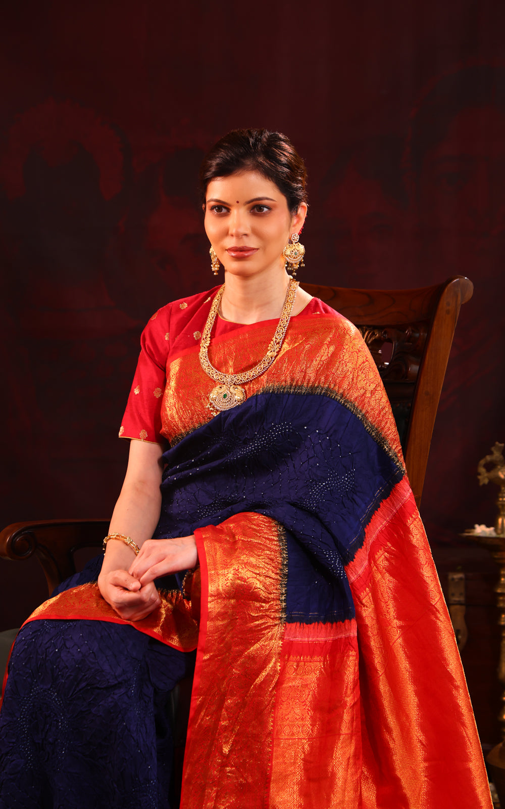 Navy Blue & Red Pure Kanchipuram Silk Saree With Bandhej