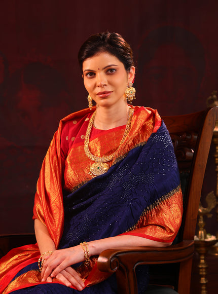 Navy Blue & Red Pure Kanchipuram Silk Saree With Bandhej