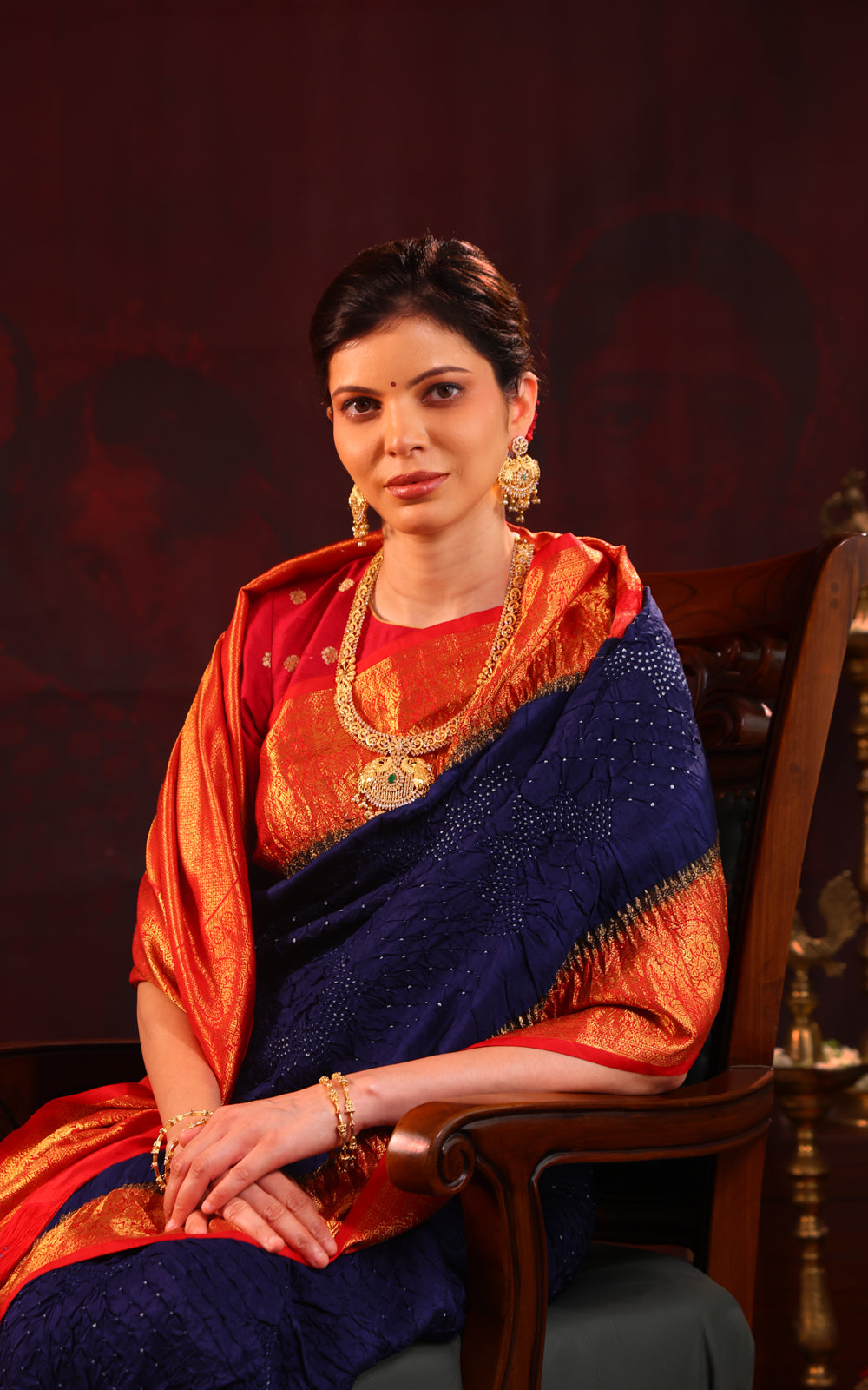 Navy Blue & Red Pure Kanchipuram Silk Saree With Bandhej