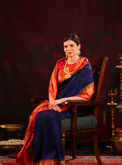 Navy Blue & Red Pure Kanchipuram Silk Saree With Bandhej