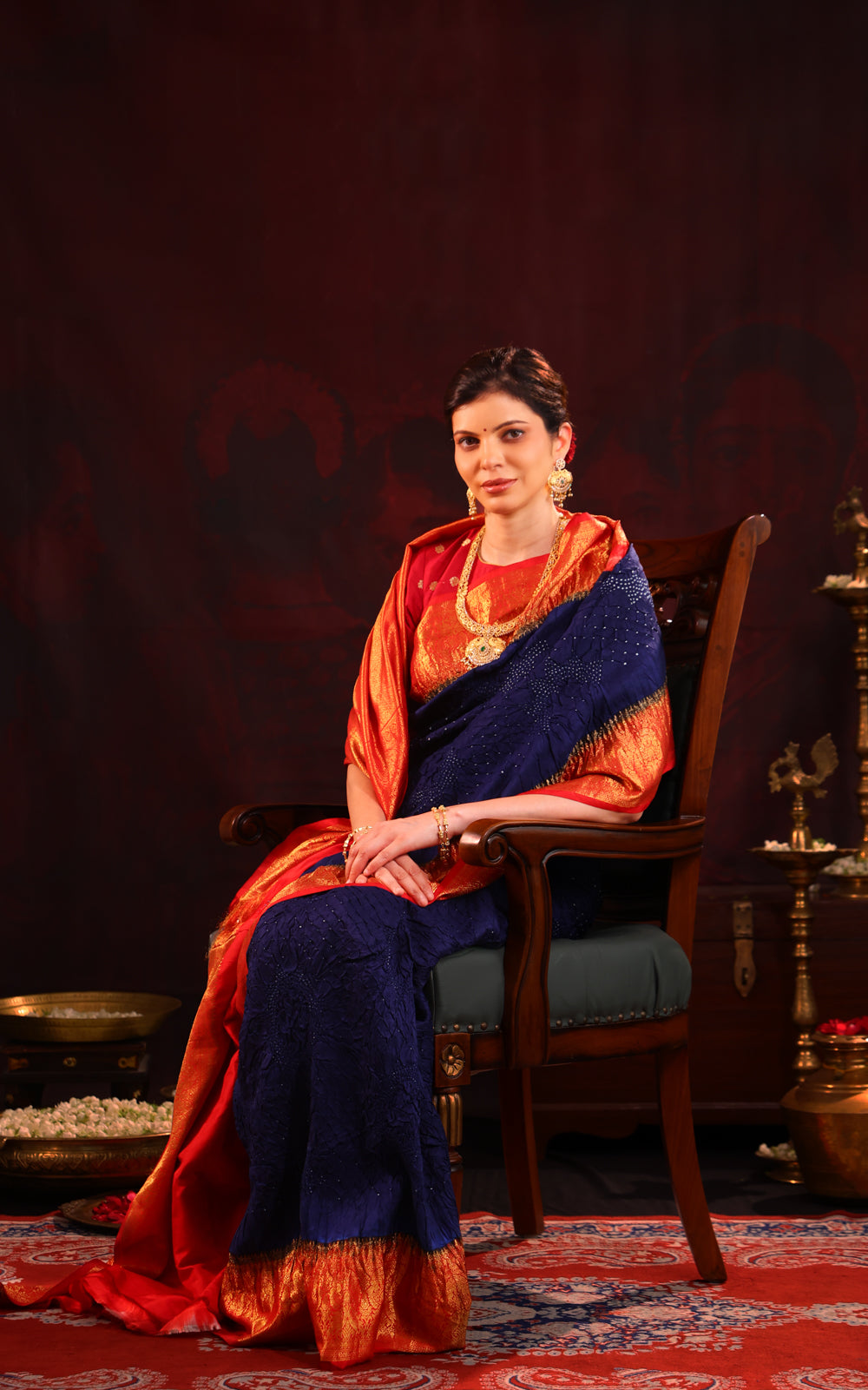Navy Blue & Red Pure Kanchipuram Silk Saree With Bandhej