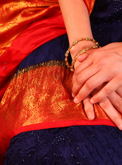 Navy Blue & Red Pure Kanchipuram Silk Saree With Bandhej