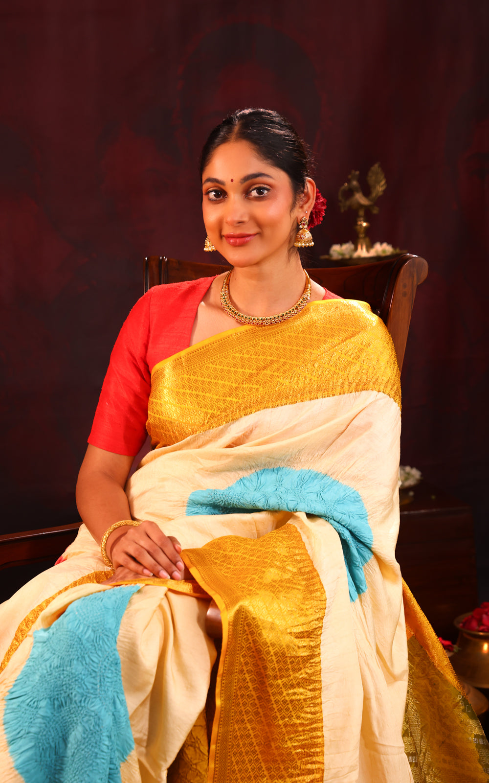 Cream & Yellow Pure Kanchipuram Silk Saree With Placement Style Bandhej