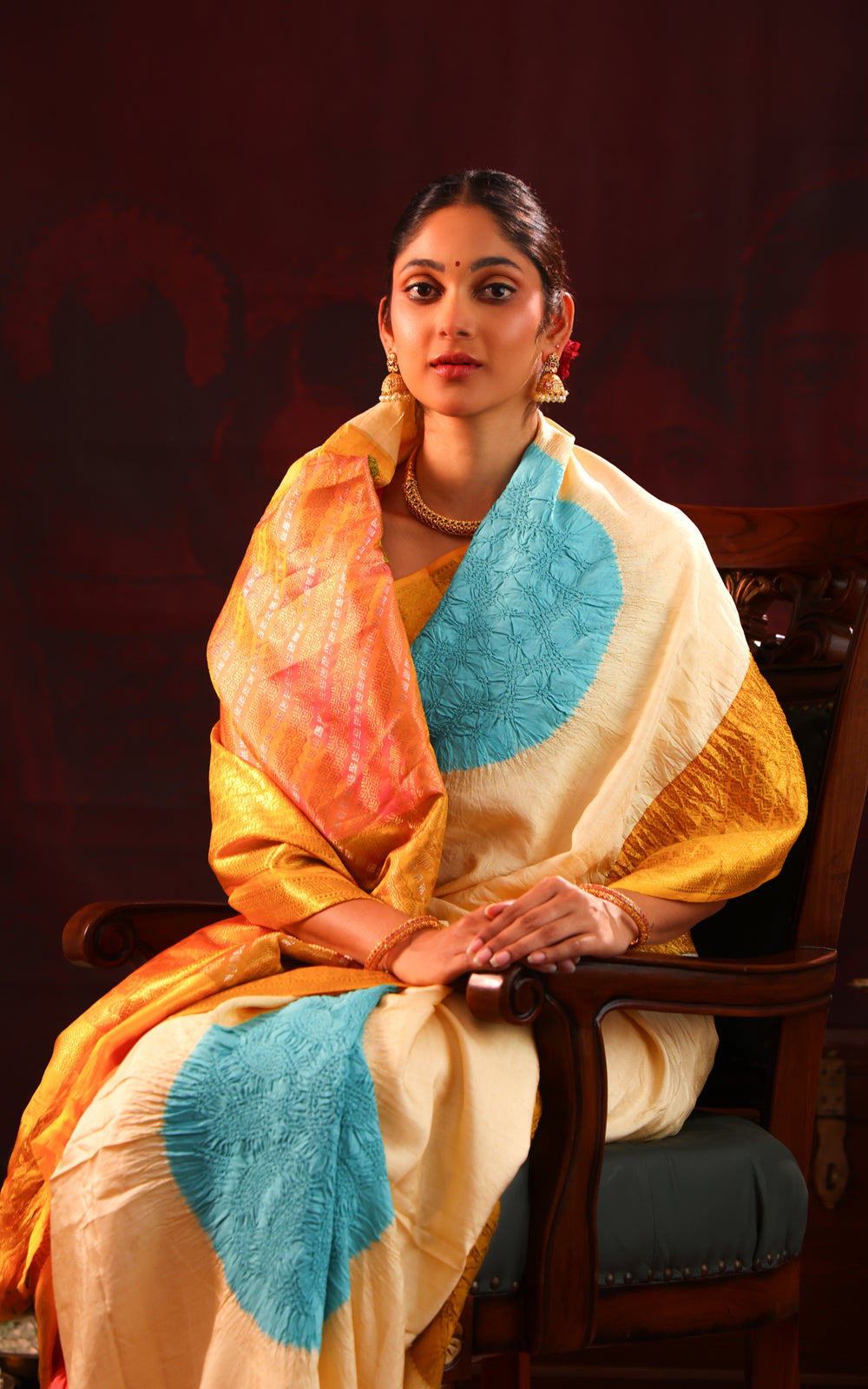 Cream & Yellow Pure Kanchipuram Silk Saree With Placement Style Bandhej