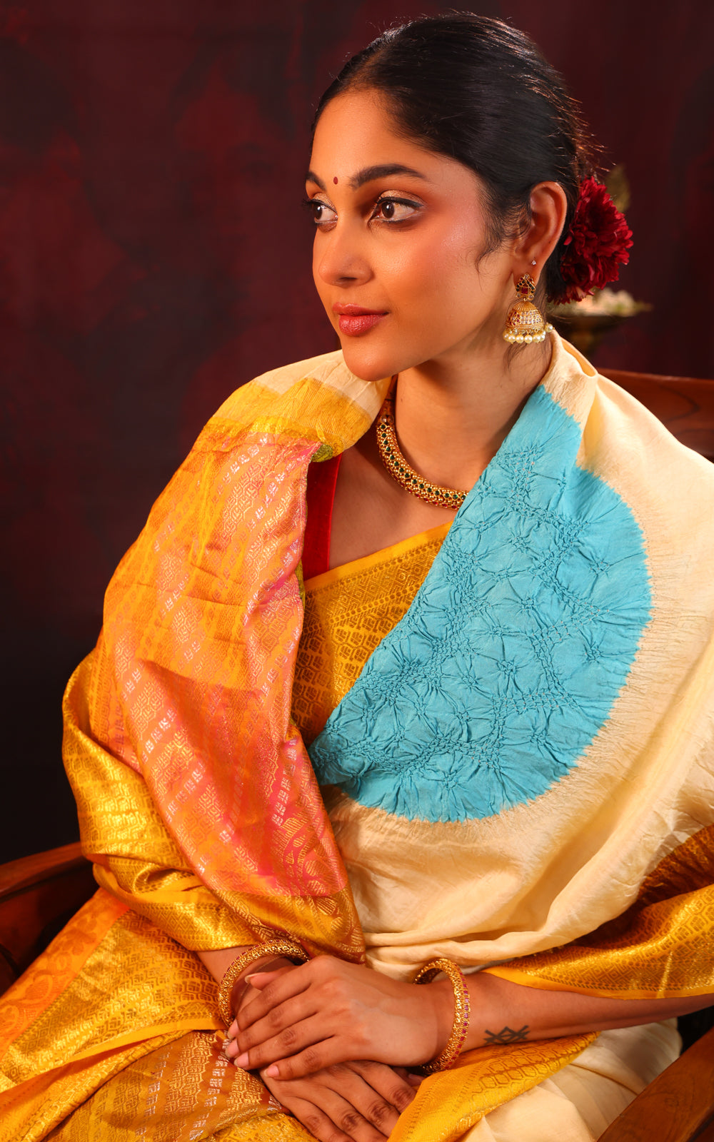 Cream & Yellow Pure Kanchipuram Silk Saree With Placement Style Bandhej