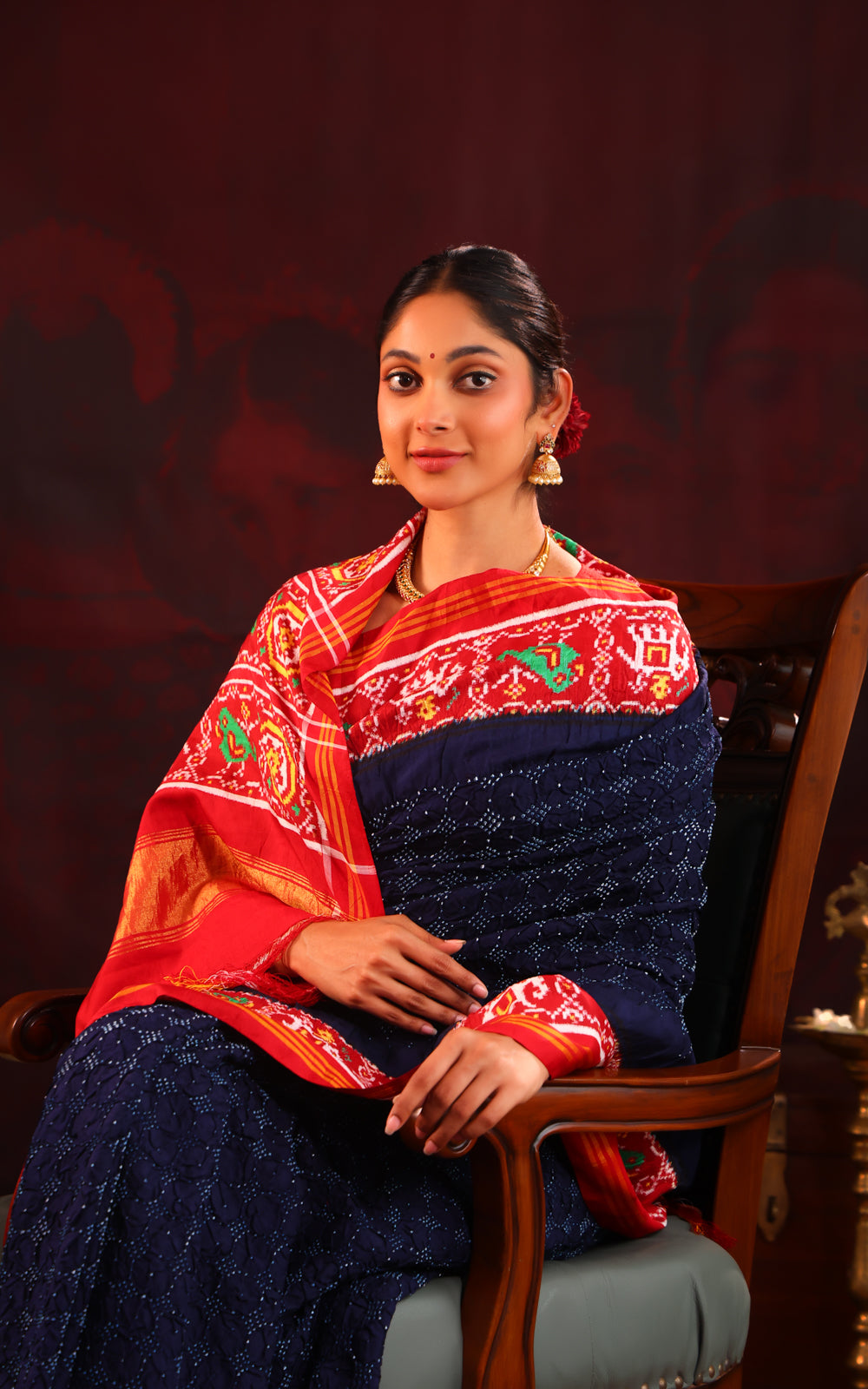 Navy Blue & Maroon Patan Patola Silk Saree With Placement Style Bandhej