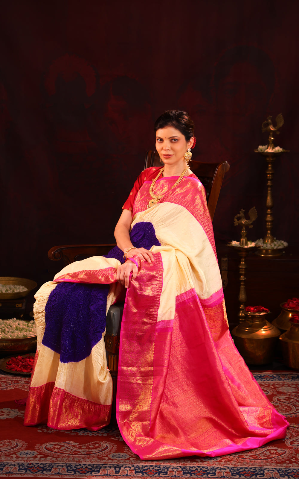 Cream & Pink Pure Kanchipuram Silk Saree With Placement Style Bandhej