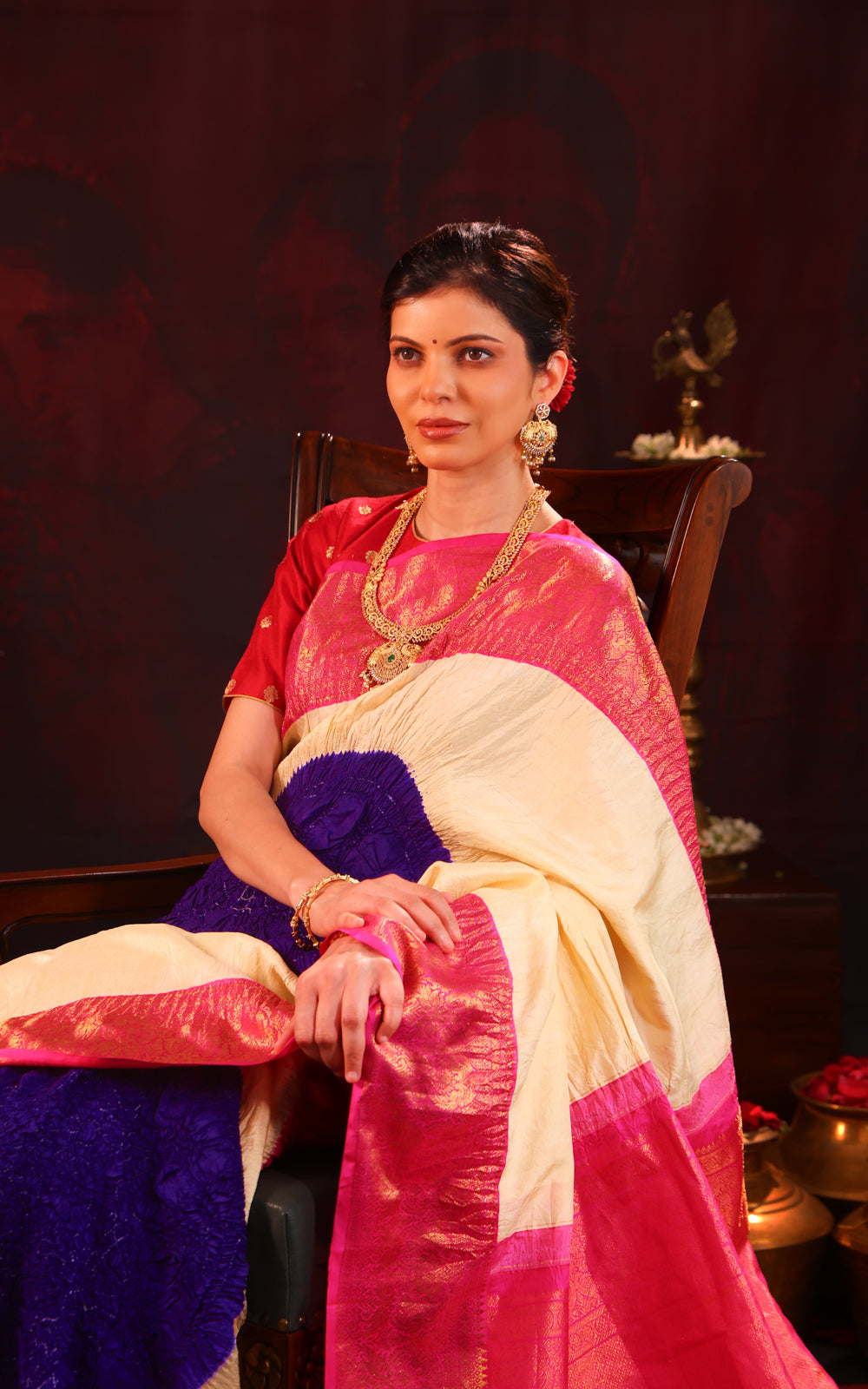 Cream & Pink Pure Kanchipuram Silk Saree With Placement Style Bandhej