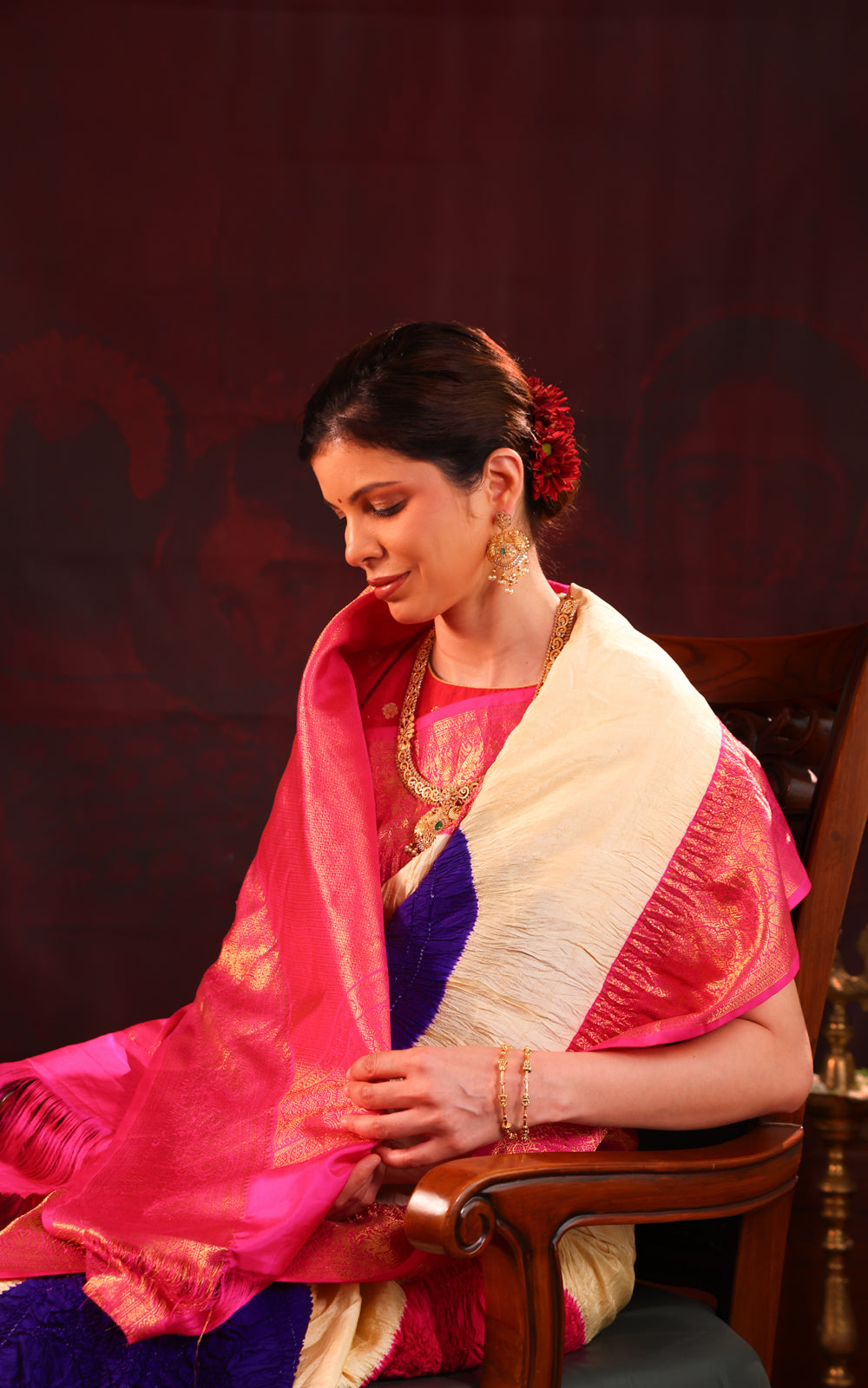 Cream & Pink Pure Kanchipuram Silk Saree With Placement Style Bandhej