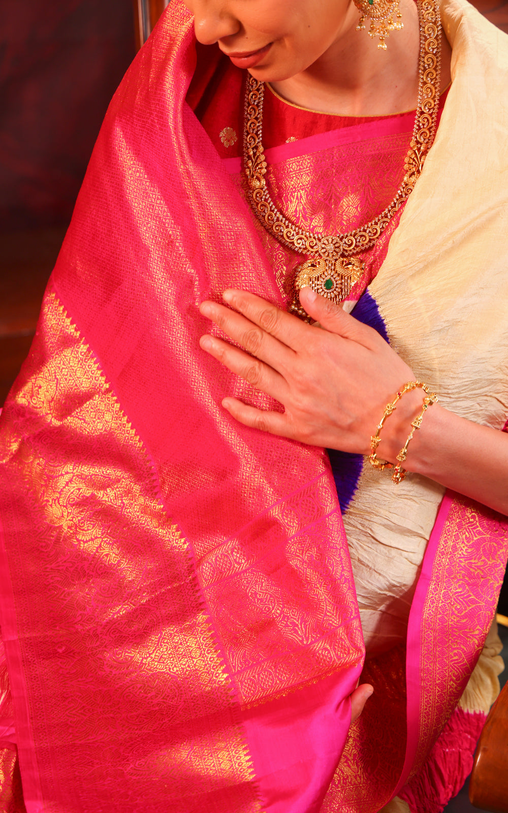 Cream & Pink Pure Kanchipuram Silk Saree With Placement Style Bandhej