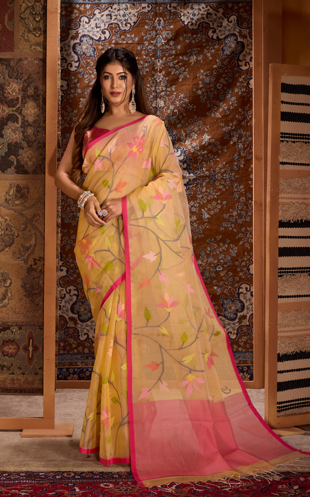 Pale Yellow  & Pink Dhaka Muslin With Jamdani Weaves