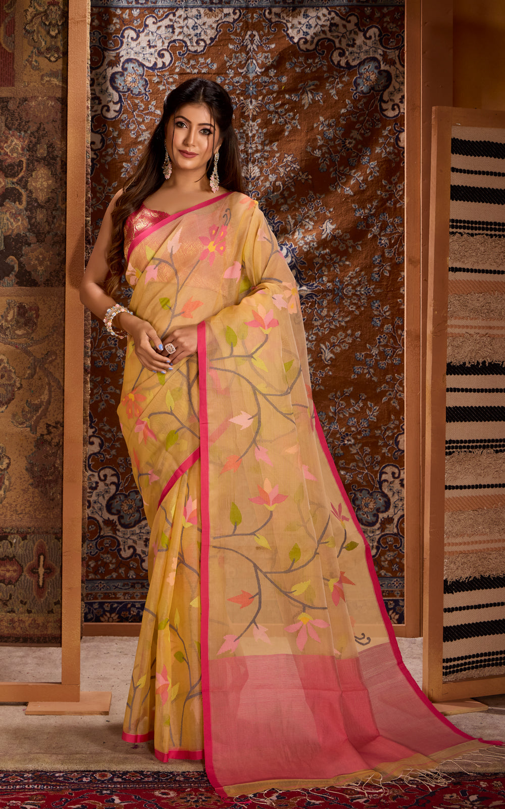 Pale Yellow  & Pink Dhaka Muslin With Jamdani Weaves