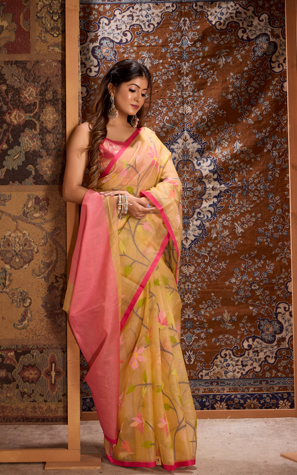 Pale Yellow  & Pink Dhaka Muslin With Jamdani Weaves