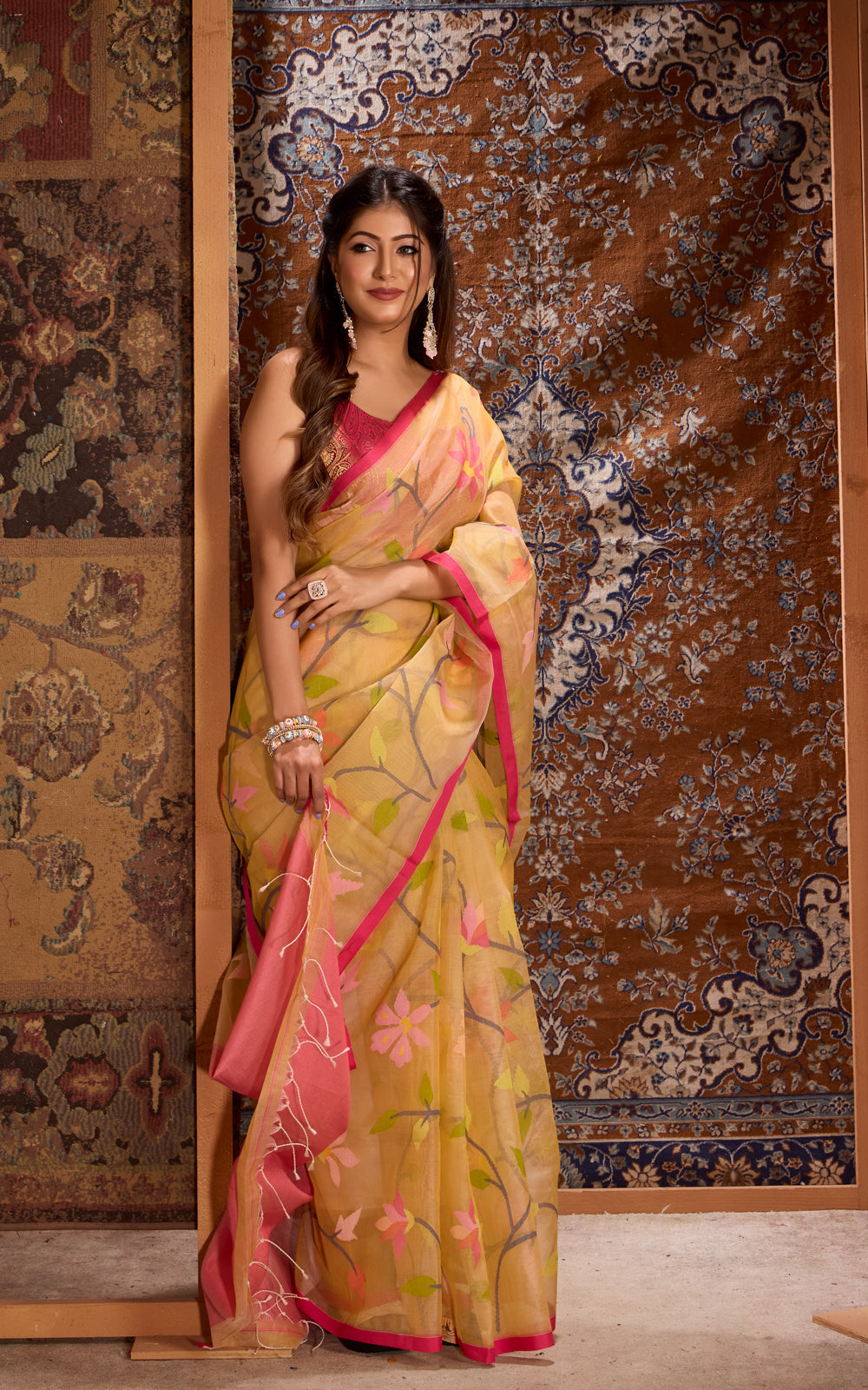 Pale Yellow  & Pink Dhaka Muslin With Jamdani Weaves